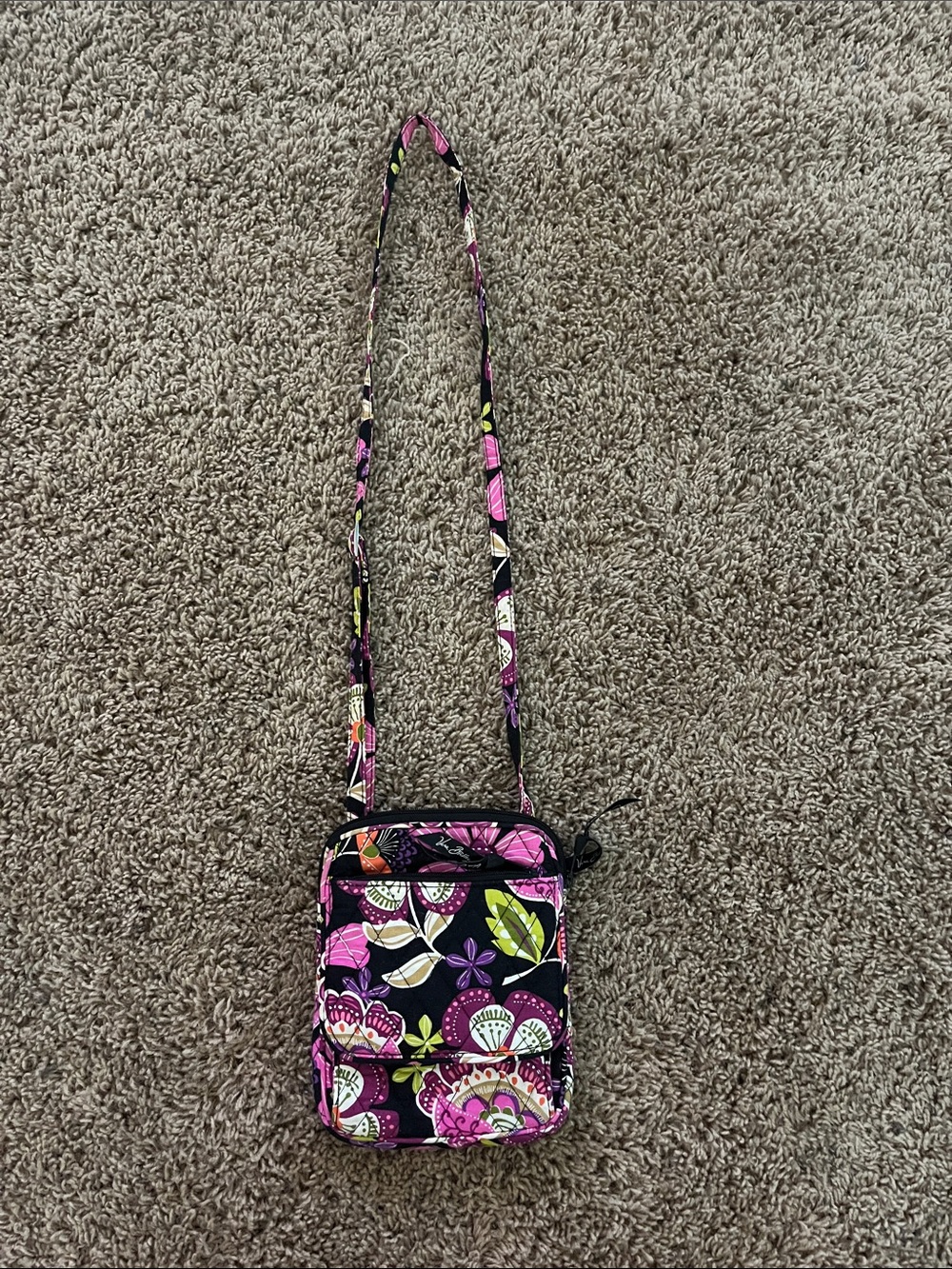 Vera Bradley Black Crossbody with Pink, Green & Purple Floral Print